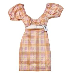 ASOS Women's Size‎ 0 Plaid Cut Out Pink / Orange Puff Sleeve Dress NWT